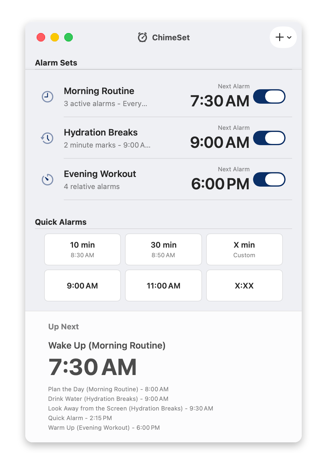 ChimeSet configured with morning routine, hydration, evening workout, Quick Alarms, and upcoming titled alarms.