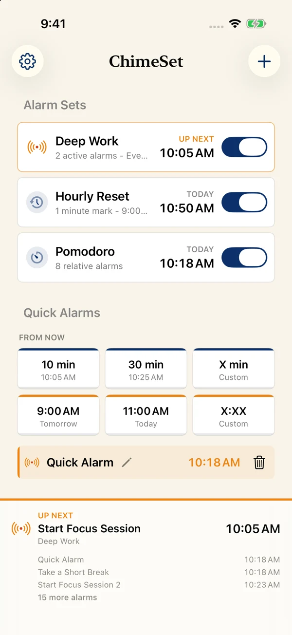 ChimeSet on iPhone showing Deep Work, Hourly Reset, Pomodoro, and today's upcoming alarms.