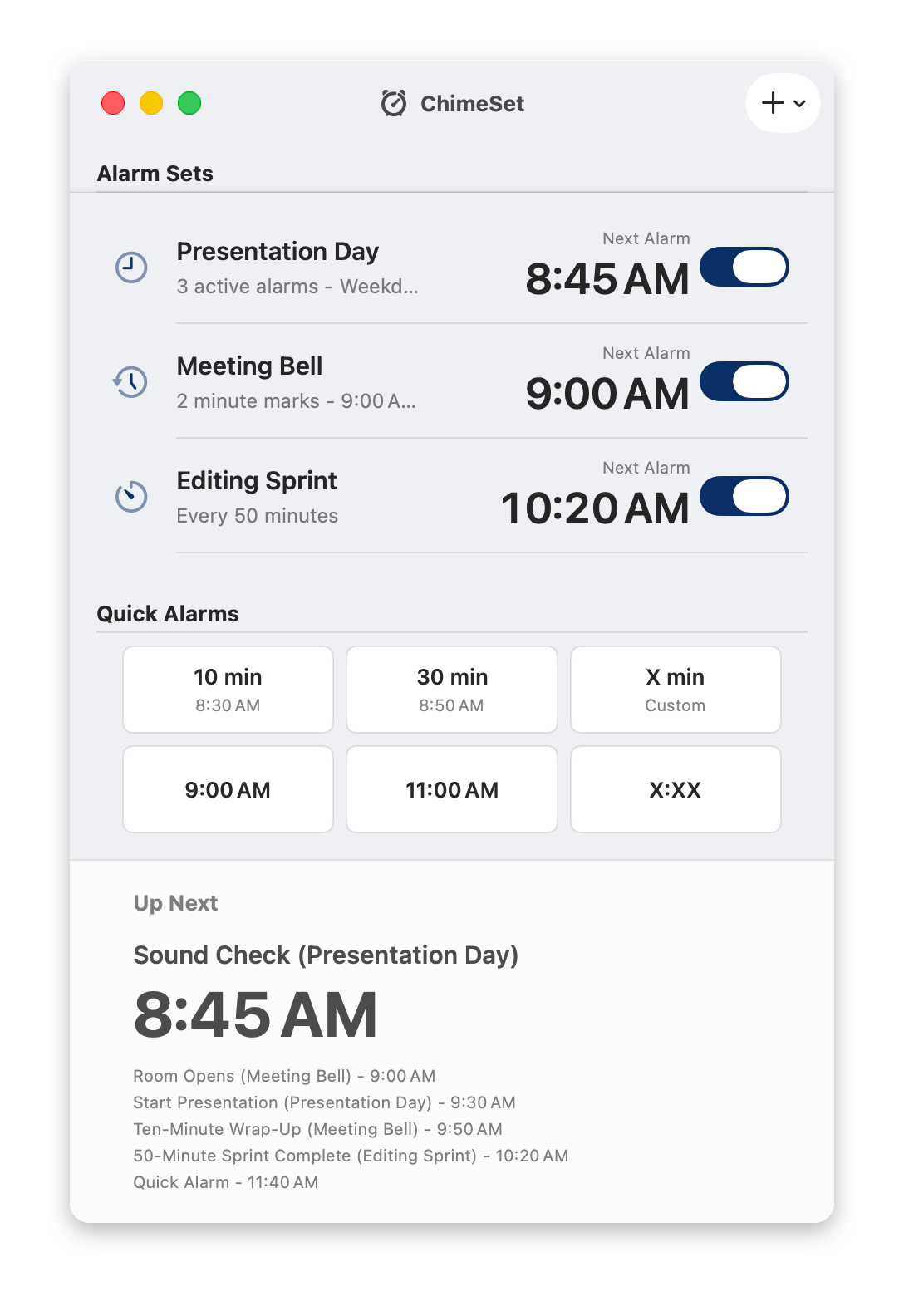 ChimeSet configured for presentation day with event milestones, meeting bell, editing sprint, Quick Alarms, and Up Next.
