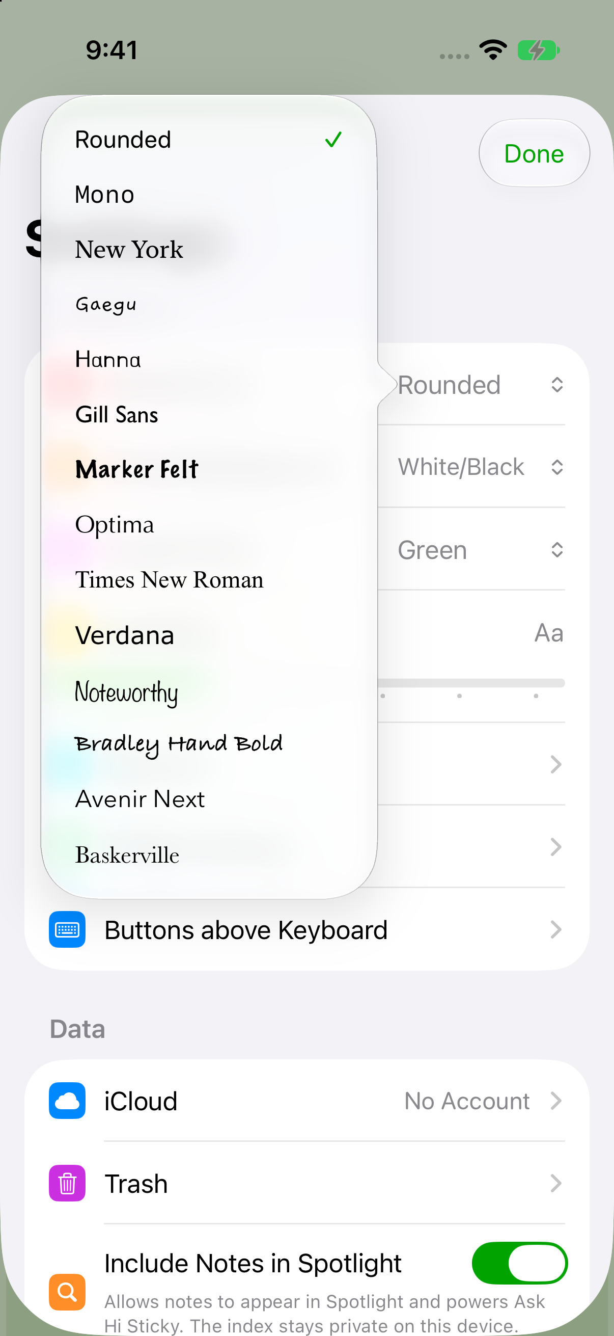 Hi Sticky+ font selection screen