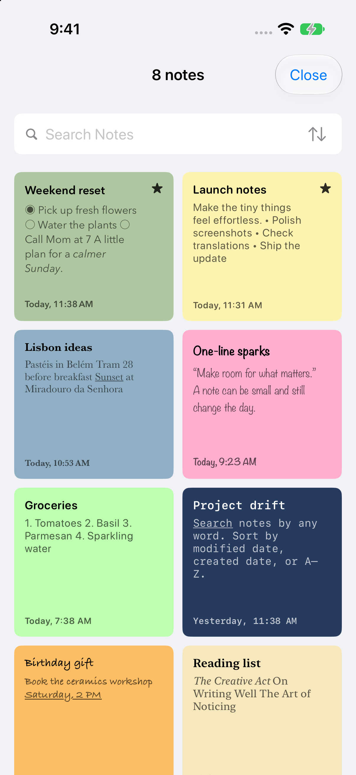 Hi Sticky’s visual note picker showing colorful notes and starred Favorites on iPhone