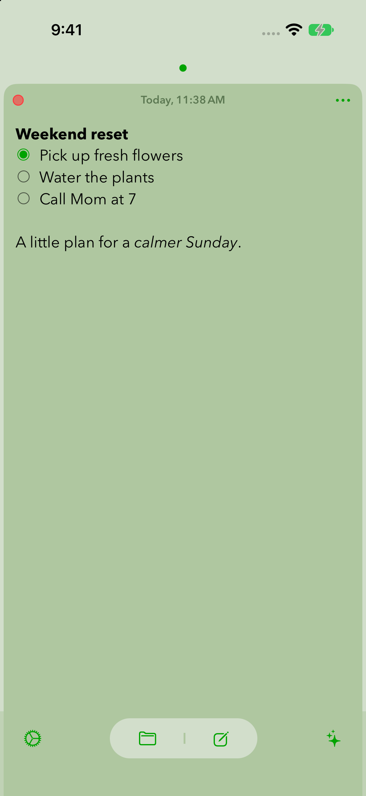 A green Hi Sticky note with a weekend checklist on iPhone