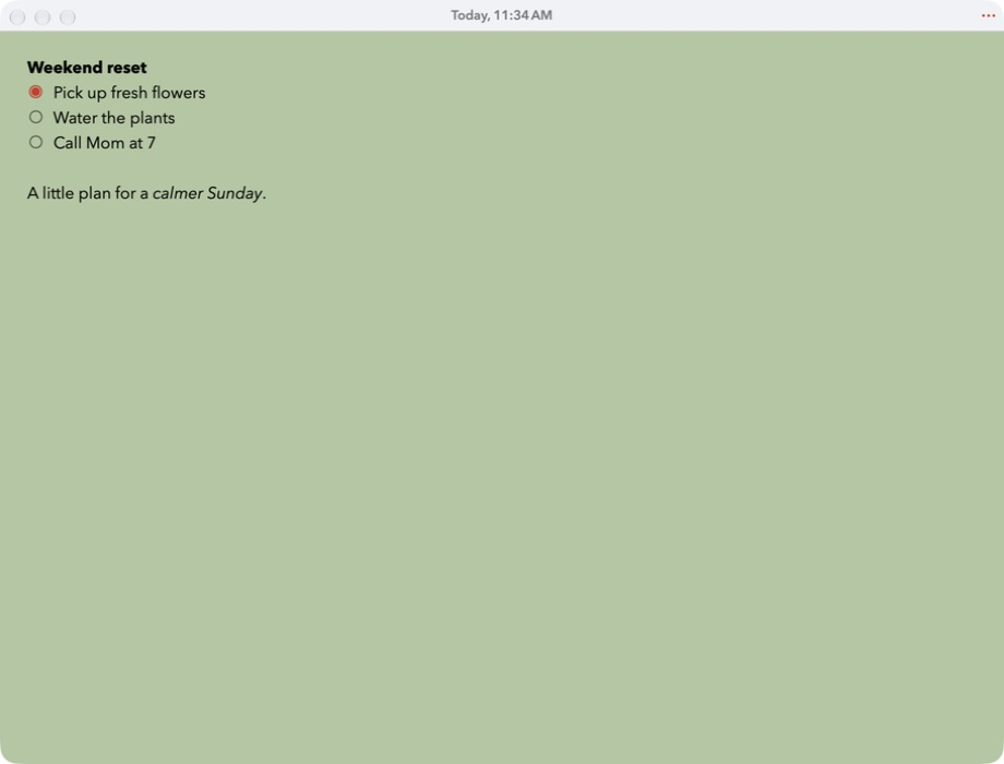Current Hi Sticky Mac window showing the Weekend reset demo checklist