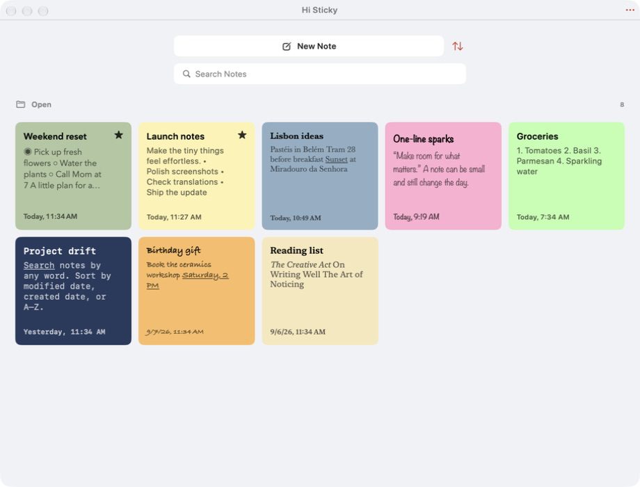 Current Hi Sticky Mac list with eight demo notes