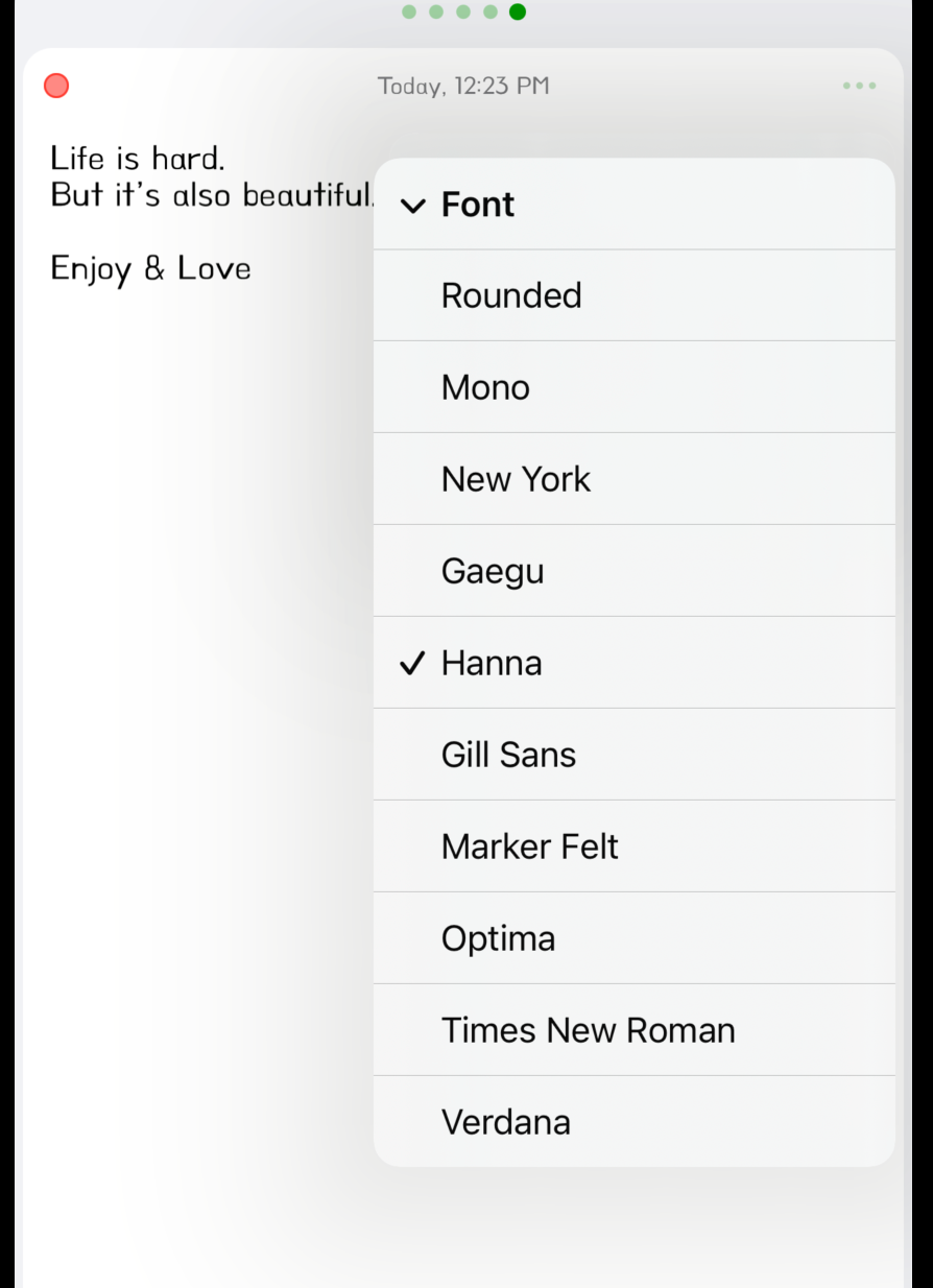 Hi Sticky+ font selection screen