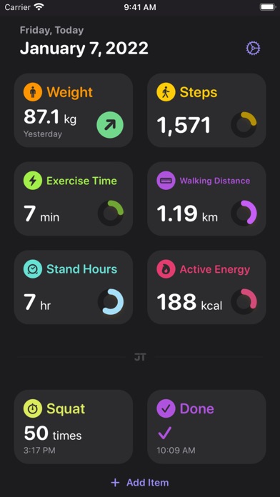 JustTrack widget and quick entry options.