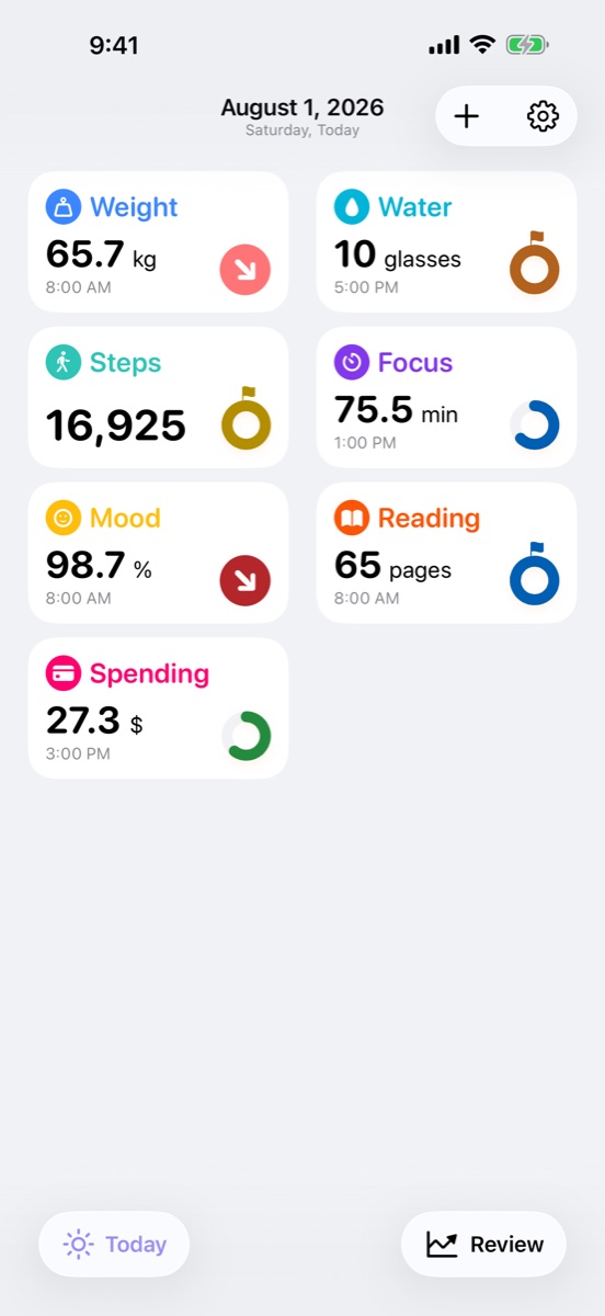 Sum of Days daily dashboard with habits, health values, and personal notes.