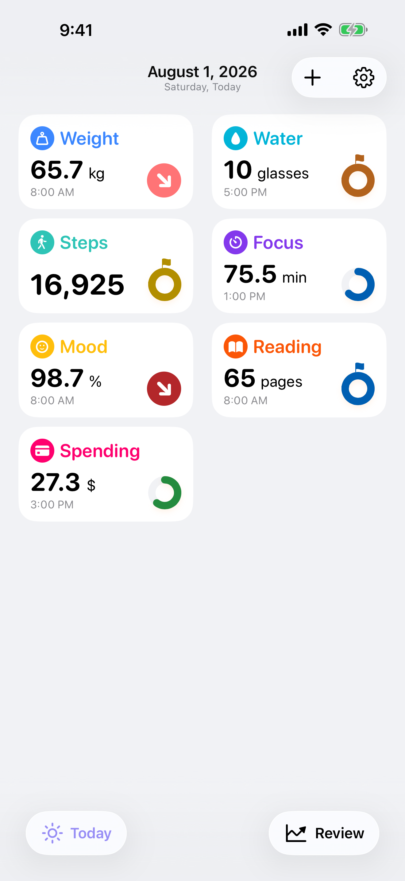 Day view showing today's health, routine, and personal values.