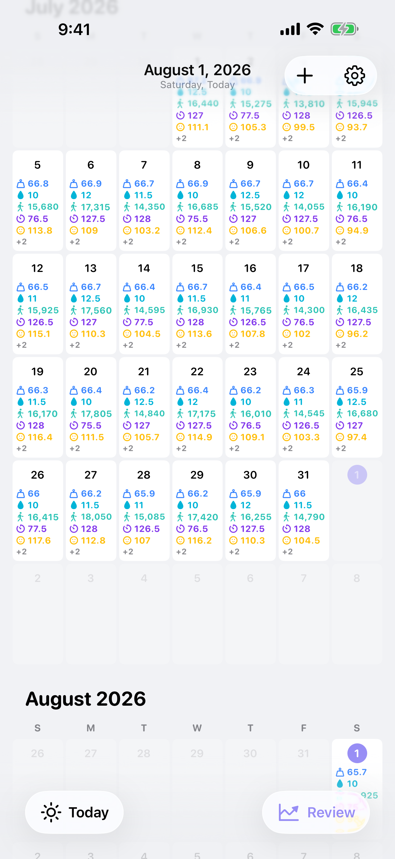 Month calendar showing colorful daily entries.