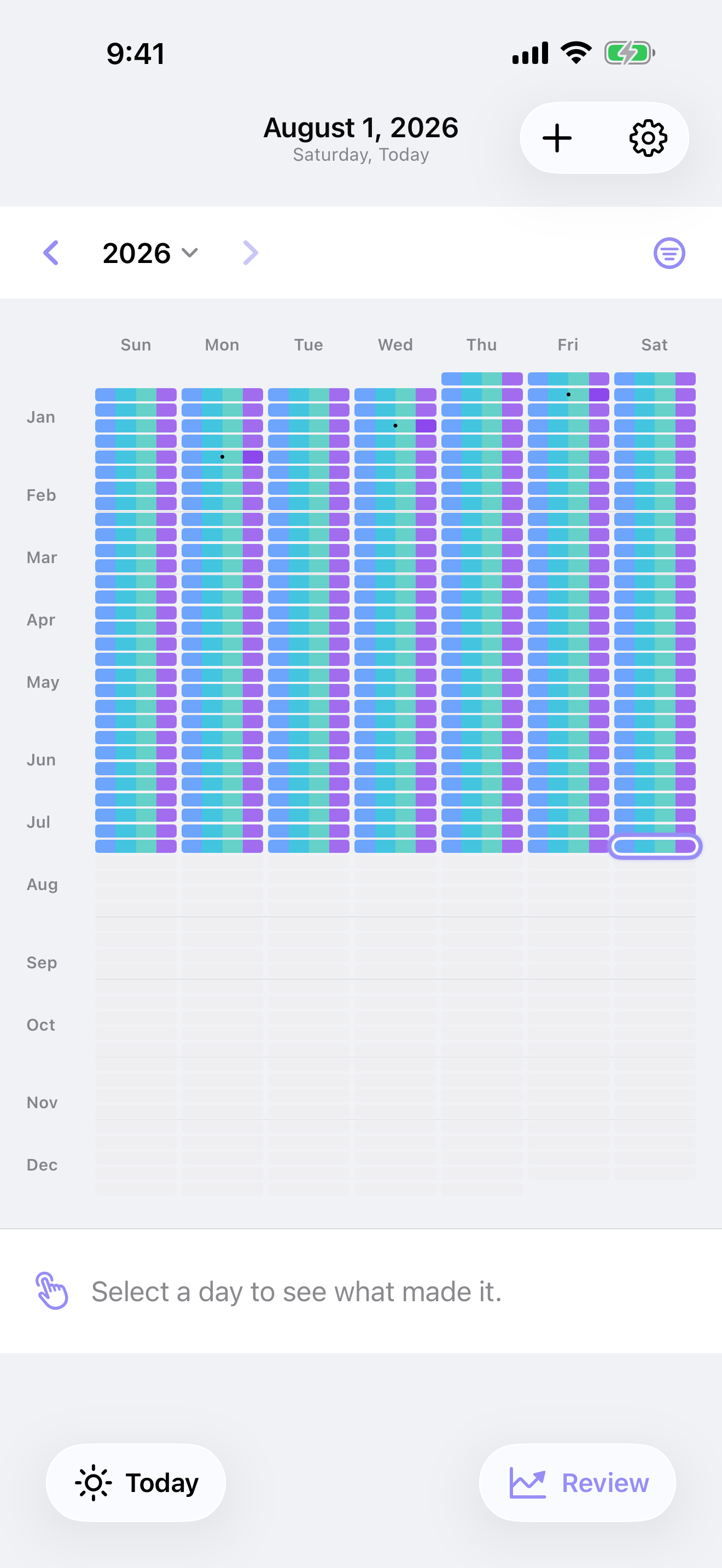 Year view showing a colorful map of tracked days.